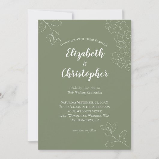 Minimalistisch Sage Green White Floral Modern Wedd Kaart