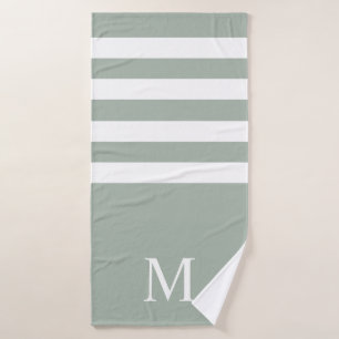 Minimalistisch Sage Green White Stripes Monogram Bad Handdoek