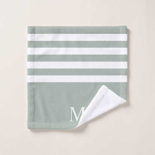 Minimalistisch Sage Green White Stripes Monogram Bad Handdoek (Wasdoekje)