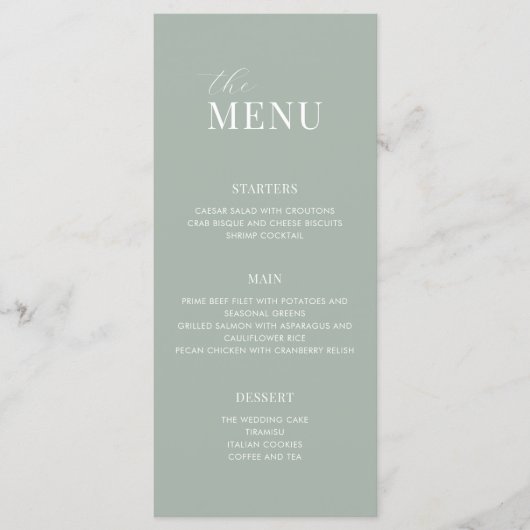 Minimalistisch Sage Groen Modern Bruiloft Menu (Voorkant)