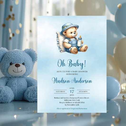 Minimalistisch schattig teddybeer boy baby shower kaart