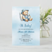 Minimalistisch schattig teddybeer boy baby shower kaart (Staand voorkant)