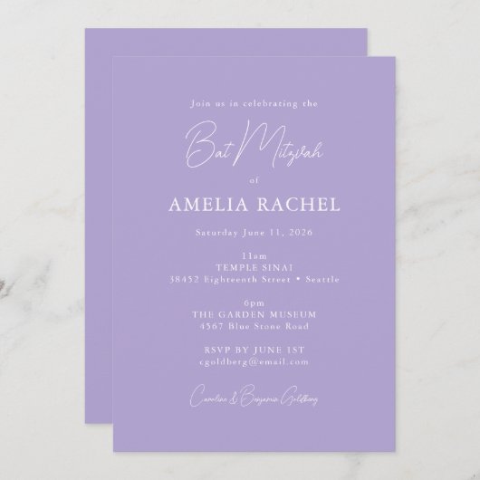 Minimalistisch schrift Modern Bat Mitzvah Lavendel Kaart (Voorkant / Achterkant)