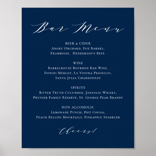 Minimalistisch schrift Navy-blauw trouwbarmenu Poster (Voorkant)
