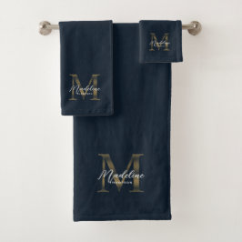 Minimalistisch schrift navyblauw metalen goud mono bad handdoek