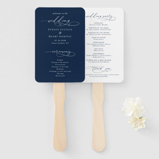 Minimalistisch schrift navyblauw trouwprogramma handwaaier (Voorkant en achterkant)