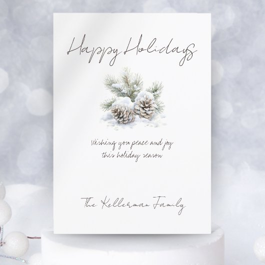 minimalistisch schrift, waterverf dennenappels in  feestdagenkaart