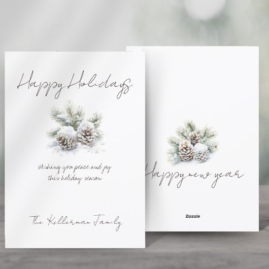 minimalistisch schrift, waterverf dennenappels in  feestdagenkaart