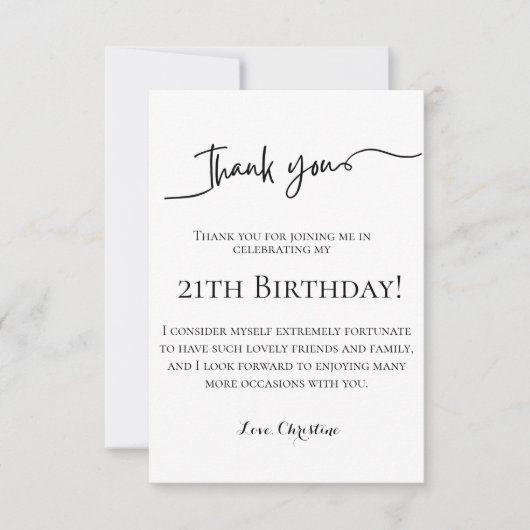 Minimalistisch script 21e verjaardag dank u kaart (Voorkant)