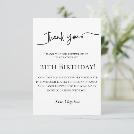 Minimalistisch script 21e verjaardag dank u kaart (Staand voorkant)