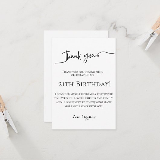 Minimalistisch script 21e verjaardag dank u kaart (Voorkant / Achterkant in situ)