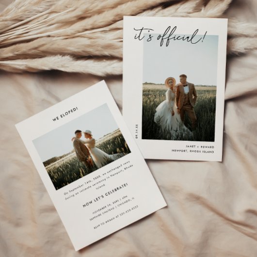 Minimalistisch script 2-foto elopement receptie kaart