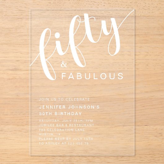 Minimalistisch script 50ste verjaardag acryl uitnodigingen (Voorkant)