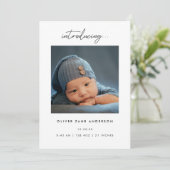 Minimalistisch Script 5-Foto Collage Baby Geboorte Aankondiging (Staand voorkant)