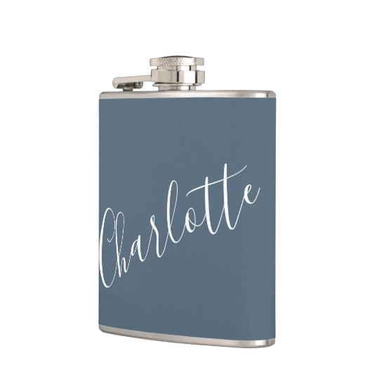 Minimalistisch script - Aangepaste naam donkerblau Heupfles (Links)