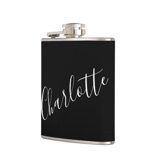 Minimalistisch script - Aangepaste naam zwart Heupfles (Links)