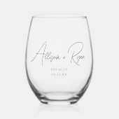 Minimalistisch script aangepaste namen verloving wijnglas zonder voet (Voorkant)