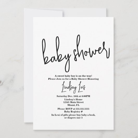 Minimalistisch script Baby shower Sprinkle Black W Kaart (Voorkant)