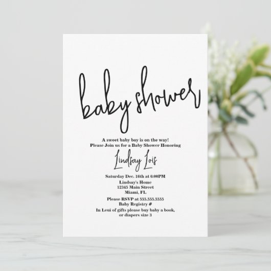 Minimalistisch script Baby shower Sprinkle Black W Kaart (Staand voorkant)