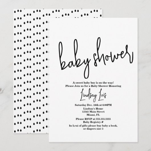 Minimalistisch script baby shower strooigoed zwart kaart (Voorkant / Achterkant)