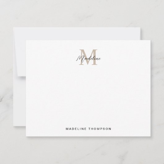Minimalistisch Script Beige Anahaw Leaves Monogram Notitiekaartje (Voorkant)