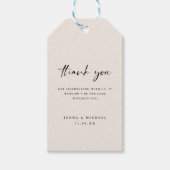 Minimalistisch script beige 'dank je' bruiloft cadeaulabel (Voorkant)