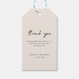 Minimalistisch script beige 'dank je' bruiloft cadeaulabel