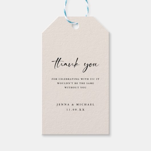 Minimalistisch script beige 'dank je' bruiloft cadeaulabel (Voorkant)