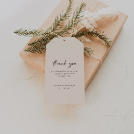 Minimalistisch script beige 'dank je' bruiloft cadeaulabel