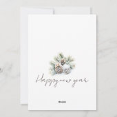 minimalistisch script, besneeuwde dennenappels Fam Feestdagenkaart (Achterkant)