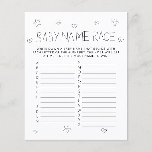 Minimalistisch Script Black Name Baby shower Game (Voorkant)