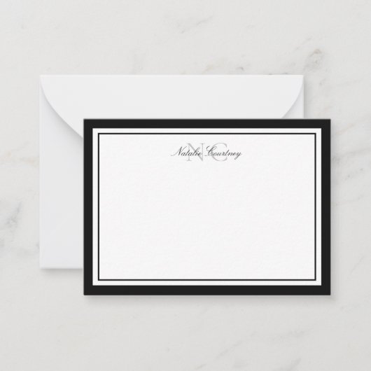 Minimalistisch Script Black Two Border Monogram Notitiekaartje (Voorkant)