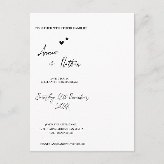 Minimalistisch Script Black White Wedding Invitati Briefkaart (Voorkant)