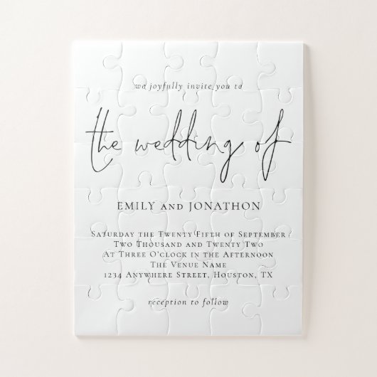 Minimalistisch Script Black White Wedding Invitati Legpuzzel (Verticaal)