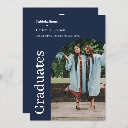 Minimalistisch script blauw afstuderen aankondiging (Voorkant / Achterkant)