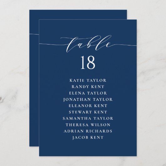 Minimalistisch Script Blauw Zitschema Tafelnummer (Voorkant / Achterkant)