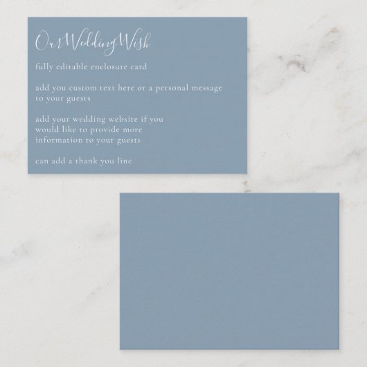 Minimalistisch script Boho Dusty Blue Wedding Cust Informatiekaartje (Voorkant / Achterkant)