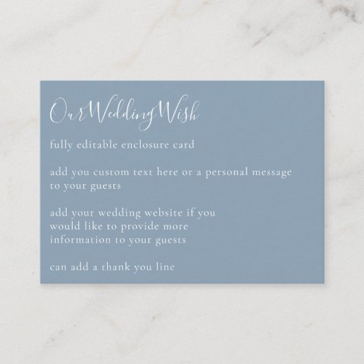 Minimalistisch script Boho Dusty Blue Wedding Cust Informatiekaartje (Voorkant)