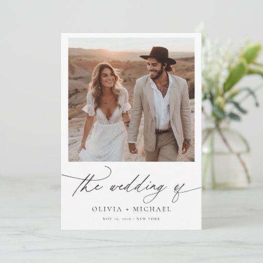 Minimalistisch script Boho foto bruiloft Kaart (Staand voorkant)