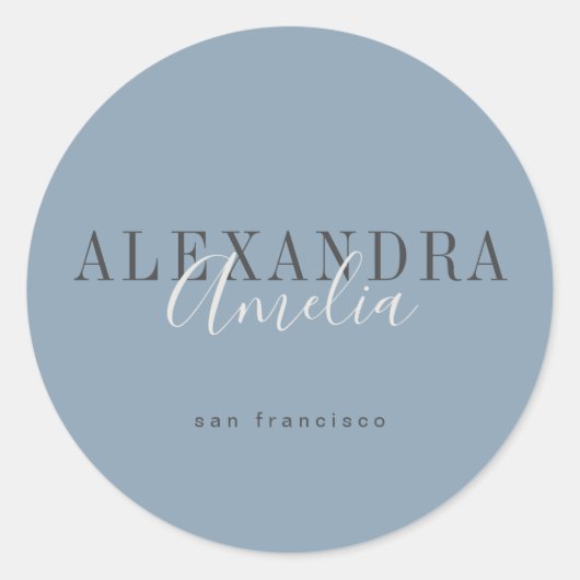 Minimalistisch Script Boho Stofblauw Aangepast Bed Ronde Sticker (Voorkant)