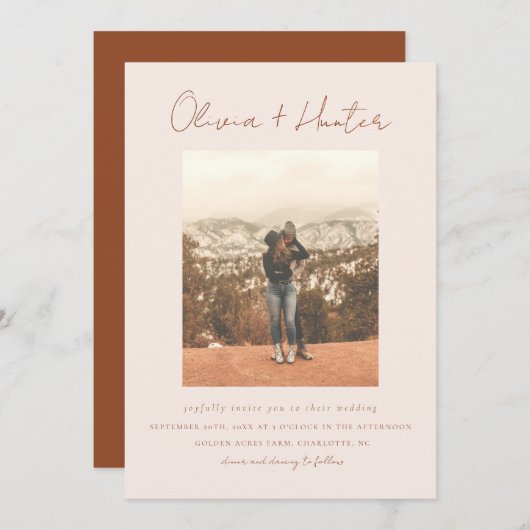 Minimalistisch script Boho Terracotta Photo Weddin Kaart (Voorkant / Achterkant)