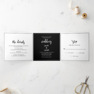 Minimalistisch Script Bold Black and White Wedding Drieluik Uitnodiging