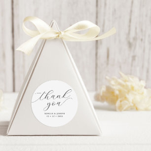 Minimalistisch script bruiloft dank u gunst ronde sticker