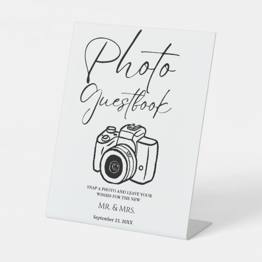 Minimalistisch script bruiloft foto gastenboek tek reclamebord met voetstuk (Voorkant)