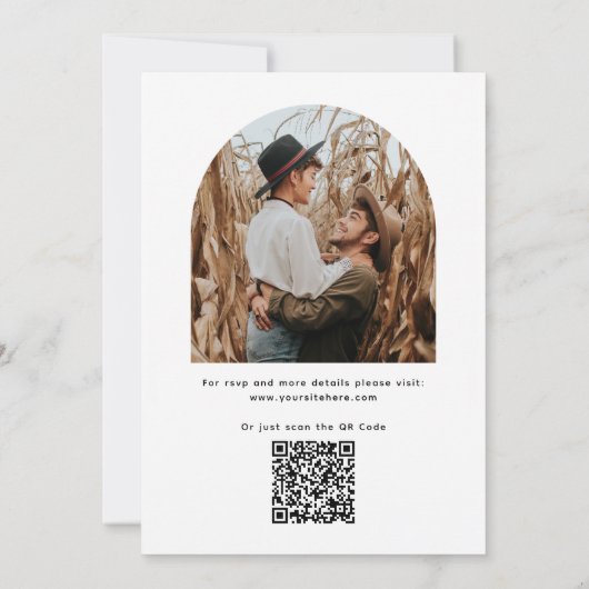 Minimalistisch script bruiloft | Foto + QR-codedet Kaart (Achterkant)