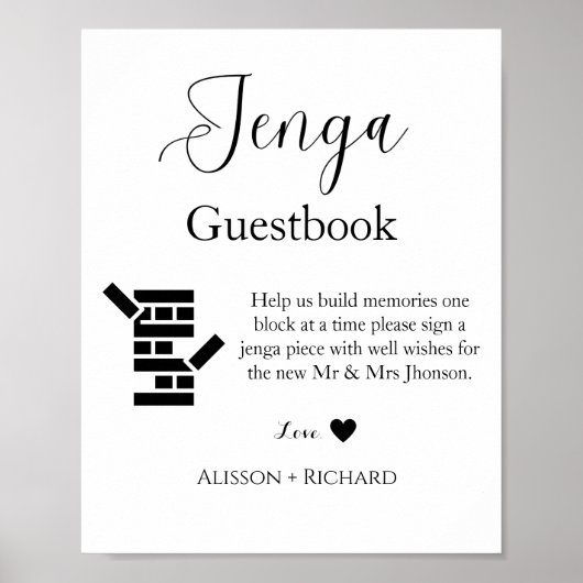 Minimalistisch script bruiloft Jenga gastenboek Poster (Voorkant)