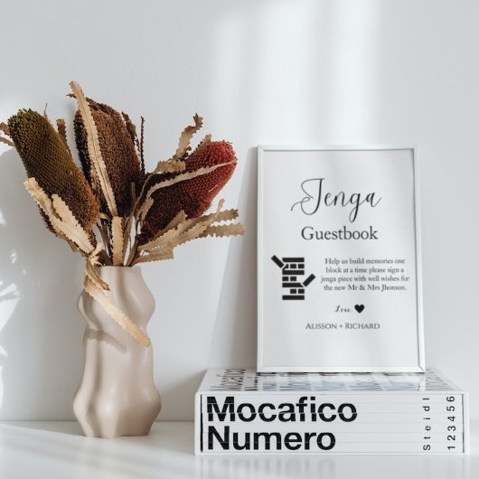 Minimalistisch script bruiloft Jenga gastenboek Poster