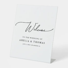 Minimalistisch script bruiloft welkom reclamebord met voetstuk