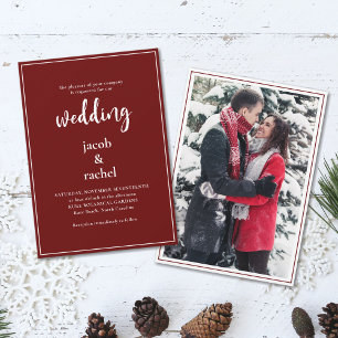 Minimalistisch script Burgundy Dark Red Photo Wedu Kaart
