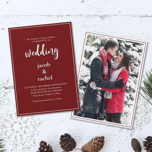 Minimalistisch script Burgundy Dark Red Photo Wedu Kaart